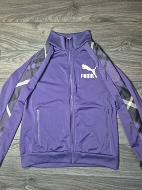 Vintage Puma Purple Zip-Up Track Jacket with Plaid Sleeve Panels